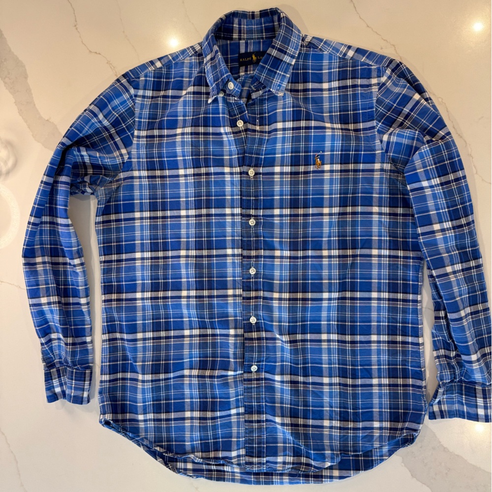 Ralph Lauren Men's Blue Plaid Button Down Shirt - Size M